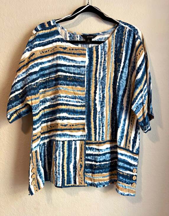 Ali Miles Tops - Ali Miles XL Blue Beige White Striped Linen-Blend Boxy Pullover Short Sleeve Top